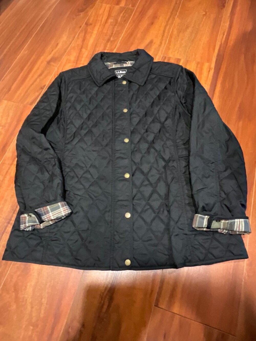 L.L. Bean Quilted Riding Jacket - XL - Black w/ Plaid Cuffs